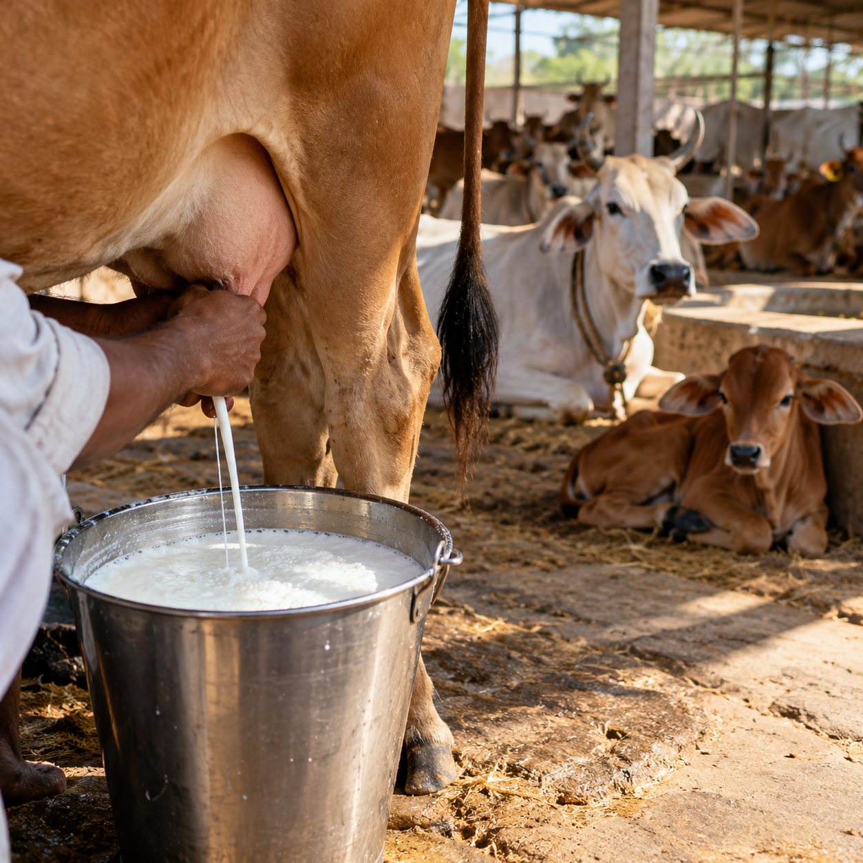 Fresh milk being collected in a steel bucket