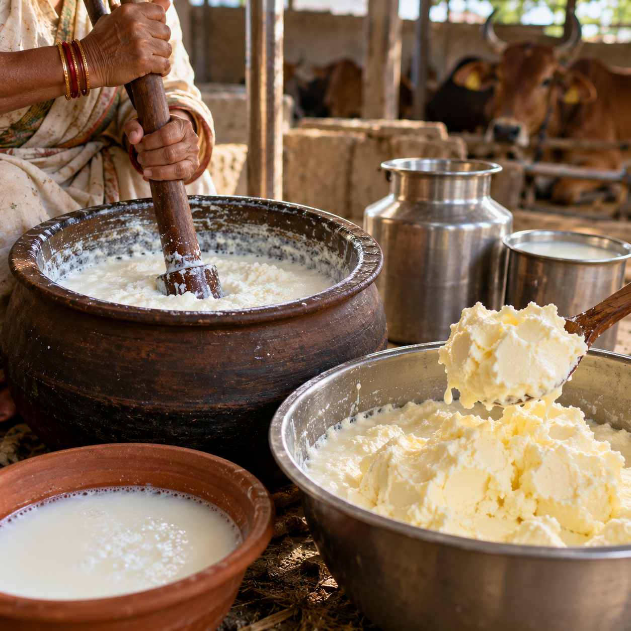 Curd being churned to separate the butter