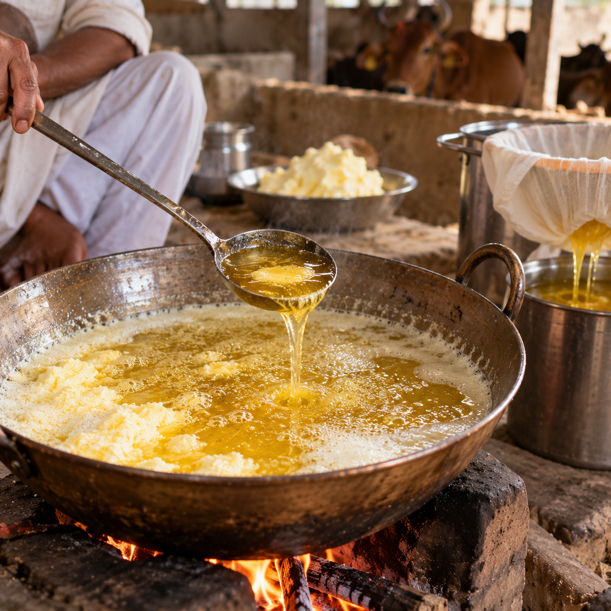 Butter cooking slowly over a wood fire