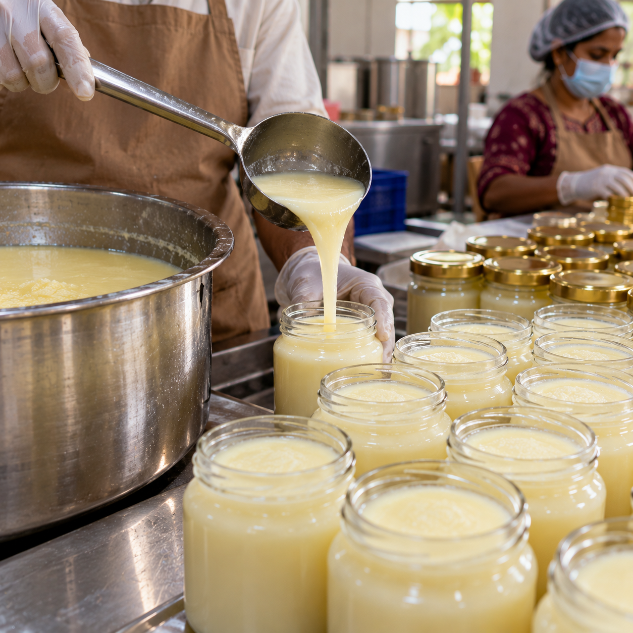 Finished ghee being poured into glass jars